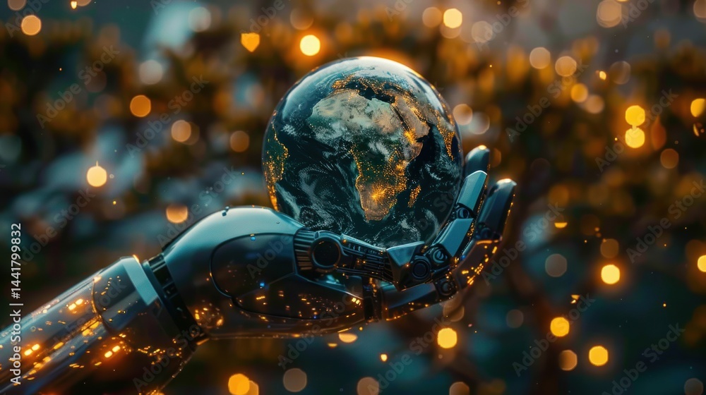 Poster futuristic robotic hand gently holding glowing earth with illuminated continents symbolizing advance