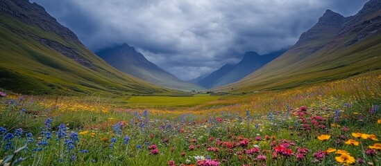 Dramatic Iceland Landscape with Wildflowers in Full Bloom during Summer