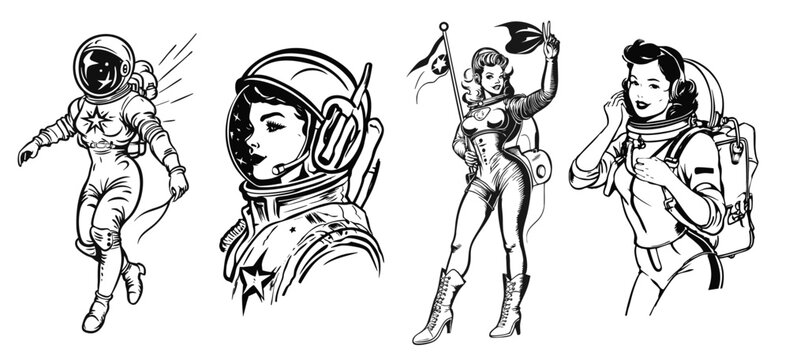 Vintage line art drawing style of a woman wearing an astronaut space outfit