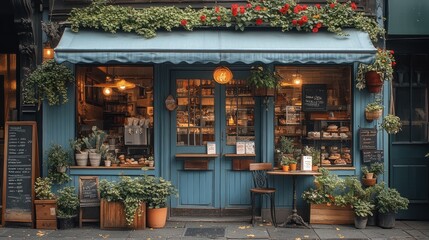 Enchanting blue cafe adorned with vibrant plants and floral displays