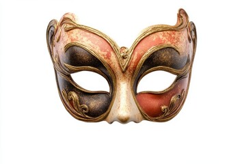 A decorative venetian mask with gold trim isolated on a white background in a studio shot