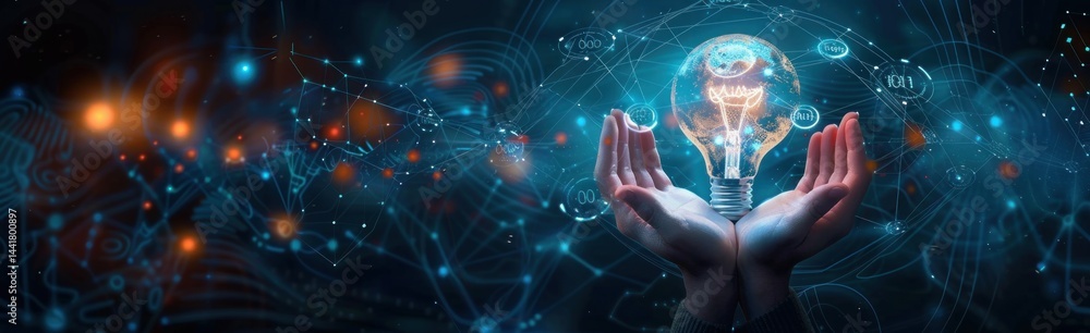 Poster human hands holding a glowing light bulb surrounded by digital binary code and network connections, 