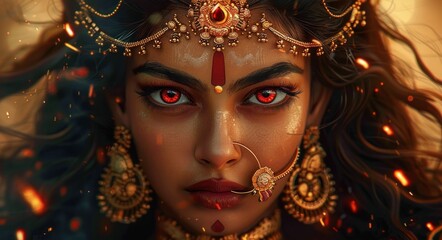 woman adorned with intricate golden jewelry and flowing dark hair surrounded by glowing ember particles creating a mystical and enchanting atmosphere