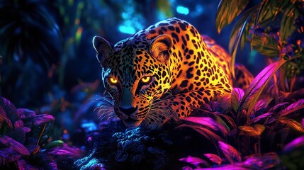 Majestic jaguar glowing in vibrant neon jungle intense gaze dark background digital art