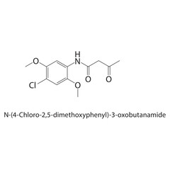 N-(4-Chloro-2,5-dimethoxyphenyl)-3-oxobutanamide skeletal structure. Chlorinated Benzamide compound schematic illustration. Simple diagram, chemical formula.