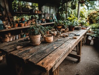 Botanical Haven: An inviting tableau of a rustic wooden table within a lush greenhouse, alive with plants, pots, and the tools of cultivation, representing the art of growth and nature's embrace.