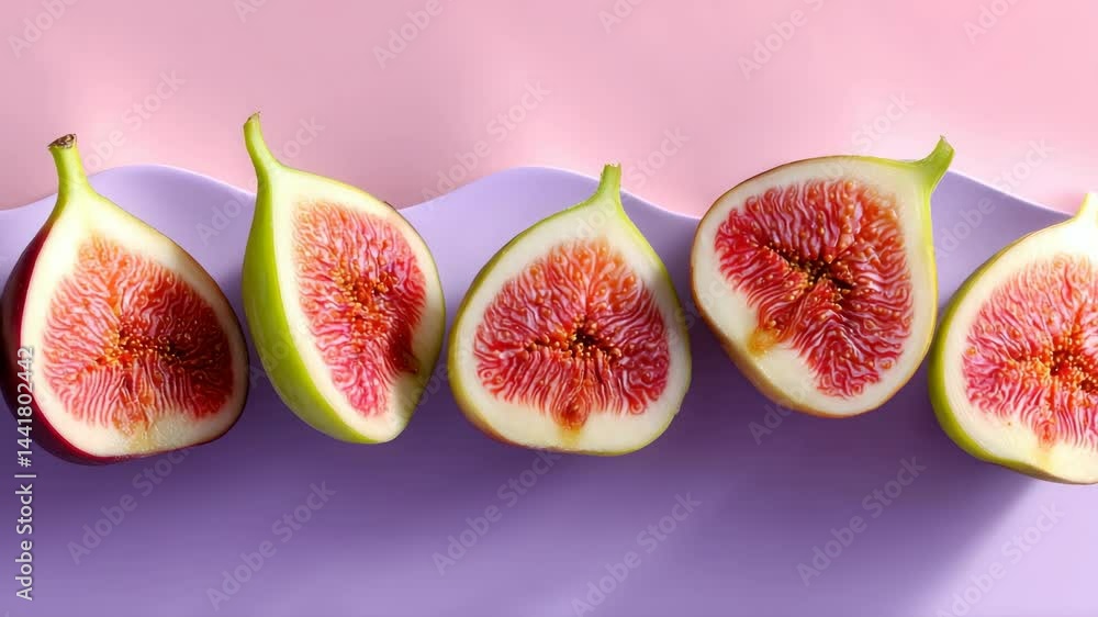 Poster close up of a bunch of green and red figs. the figs are sliced in half and arranged in a row. concep