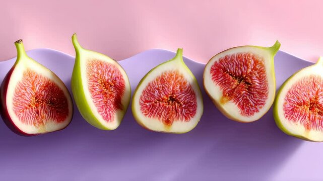Close up of a bunch of green and red figs. The figs are sliced in half and arranged in a row. Concept of freshness and abundance, as the figs are ripe and ready to be eaten