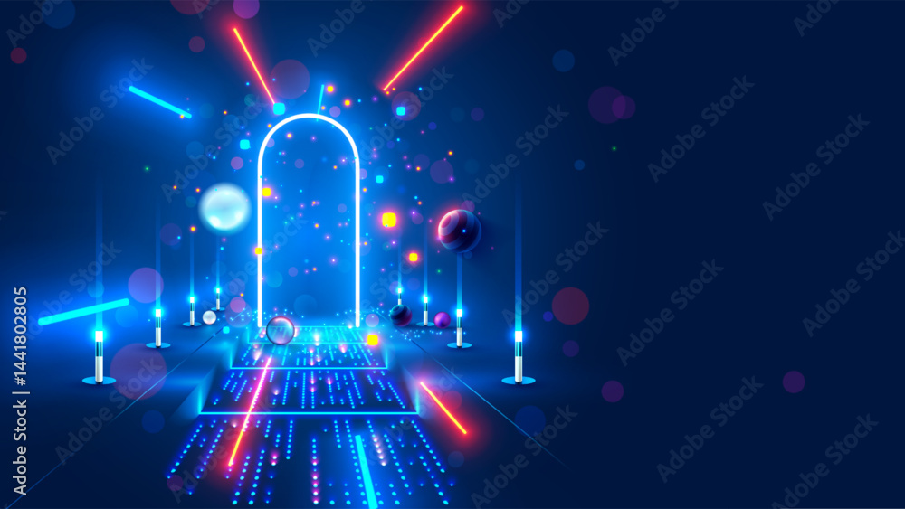 Aufkleber Abstract door in tunnel with digital data center light signals. Future computer technology concept of cyber gate in cyberspace or metaverse. Fantasy cyber door or portal in data center. Door magical.