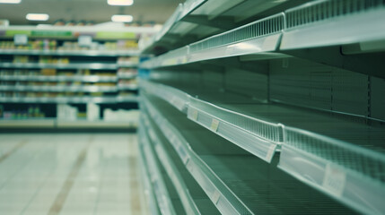 Empty supermarket shelves with bare metal rack, minimalist composition showing scarcity and lack of products. Concept of supply chain issues, retail challenges and economic crisis.