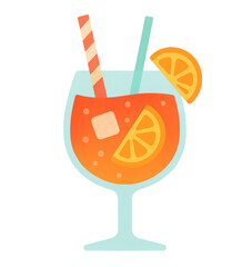 Flat illustration of orange cocktail with two straws ice cubes and citrus slices tropical and fruity