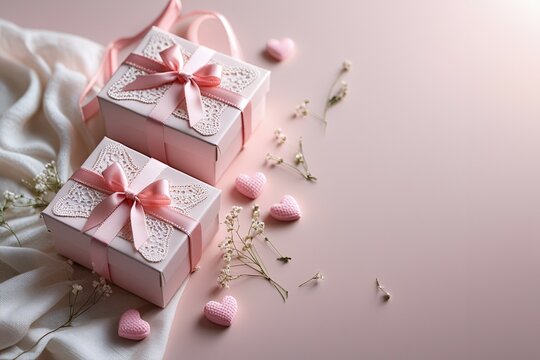 Delicate pink gift boxes tied with ribbons and adorned with lace perfect for Valentines Day or a special occasion