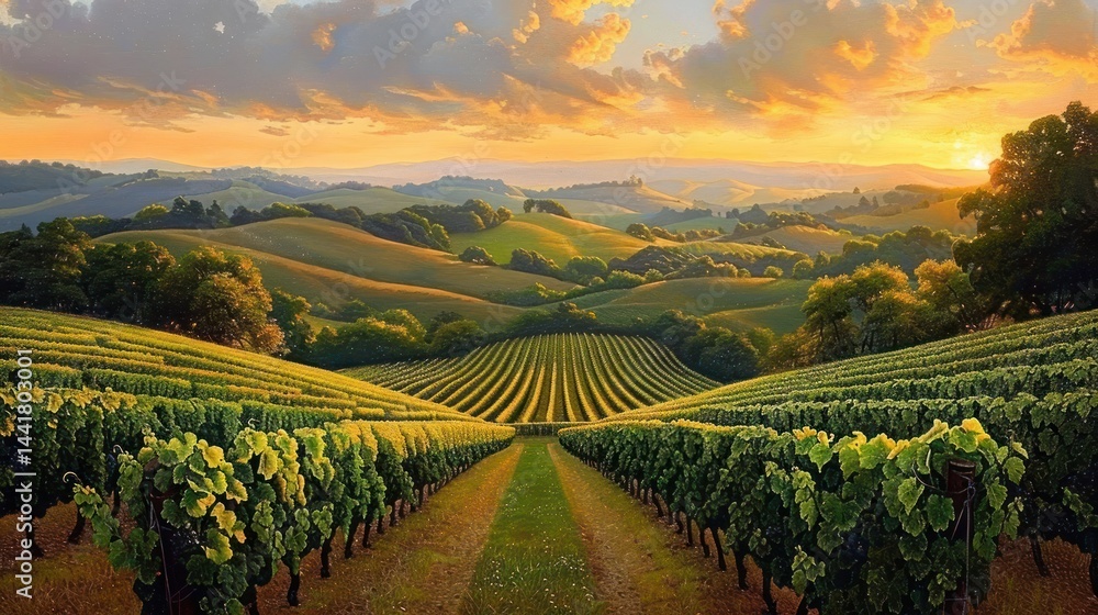 Poster sunset over lush green vineyard rows with rolling hills and scattered trees under a partly cloudy sk