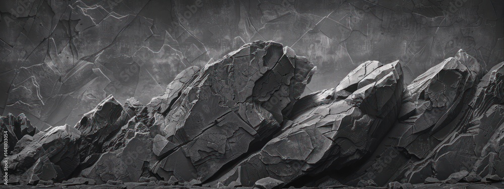 Poster dark jagged rocks with cracked and layered surface texture under dim lighting creating a dramatic an