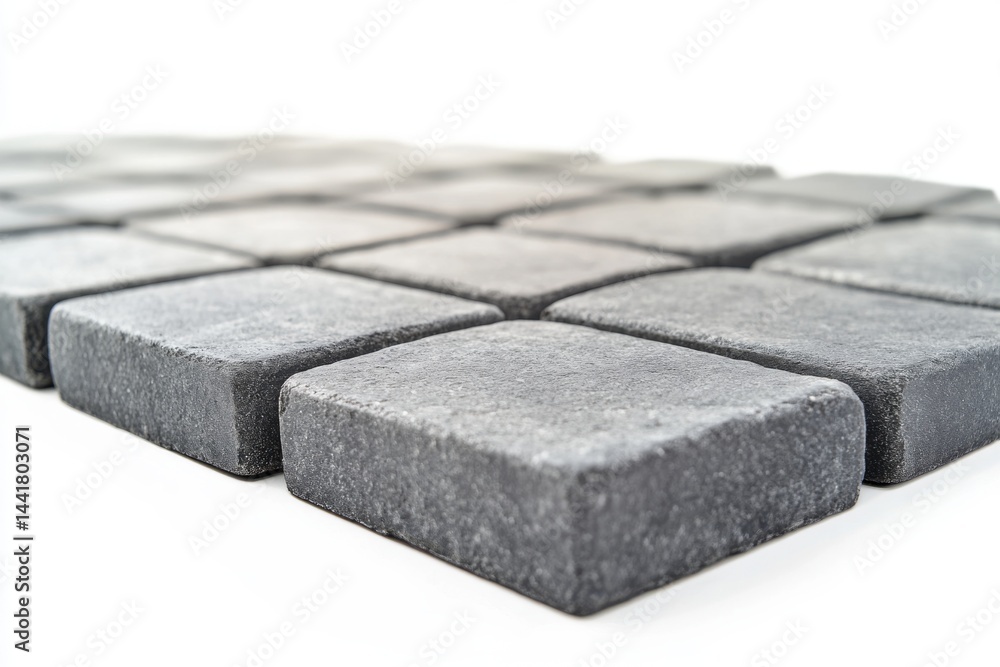 Poster close up of a grid of gray square pavers arranged on a white surface with a shallow depth of field