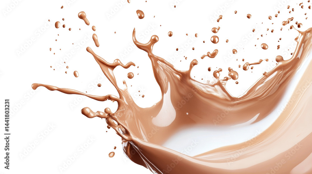 Poster dynamic chocolate milk burst exhibiting fluid motion and delectable textures on a transparent surfac