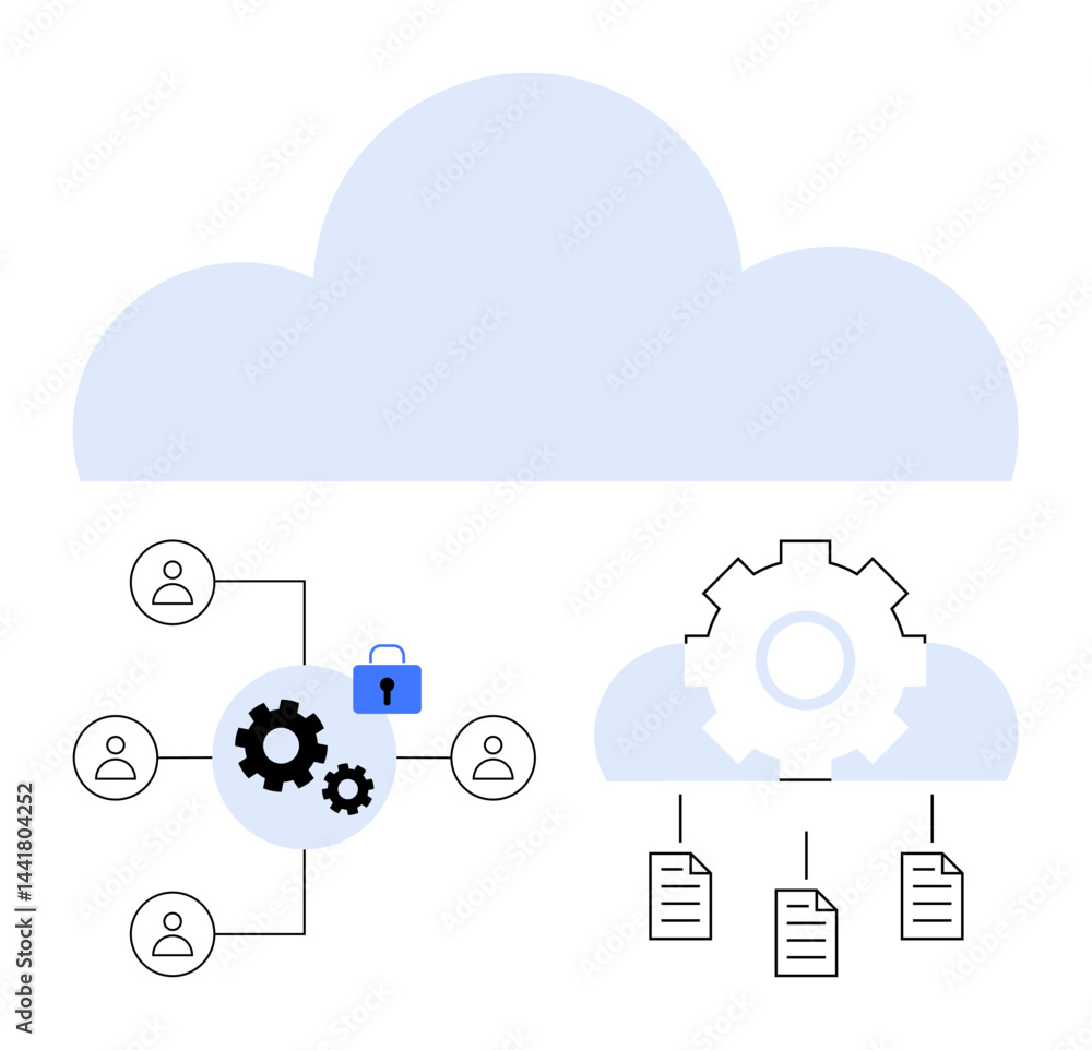 Poster cloud with gears, lock, connected users, and shared files. ideal for cloud storage, teamwork, collab