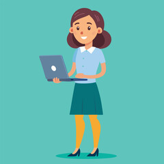 woman standing with laptop vector