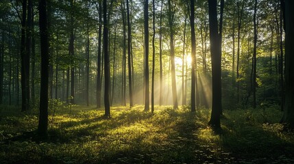 Fototapeta premium Serene sunlight rays in lush green forest trees nature calm wild mist dark woods image plant leaves