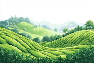 Illustration of a lush green tea plantation with rolling hills and distant mountains scenery 