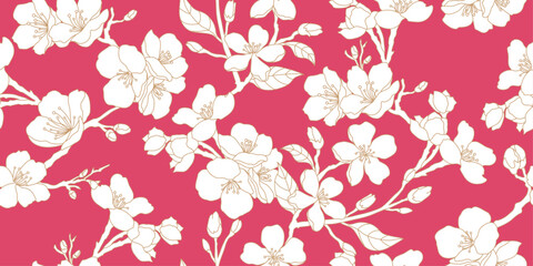Abstract hand drawn sakura flowers, floral seamless pattern for fabric, textile, apparel, poster, cover, banner, wall art, background. Vector illustration.