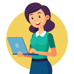 woman standing with laptop vector