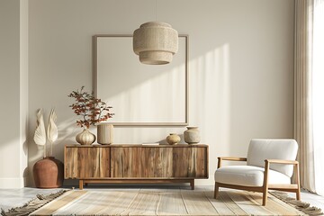 Modern interior of living room with wooden cabinet and armchair panorama 3d rendering