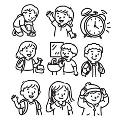 Hand Drawn Black and White Icon Set of Kids Getting Ready for School