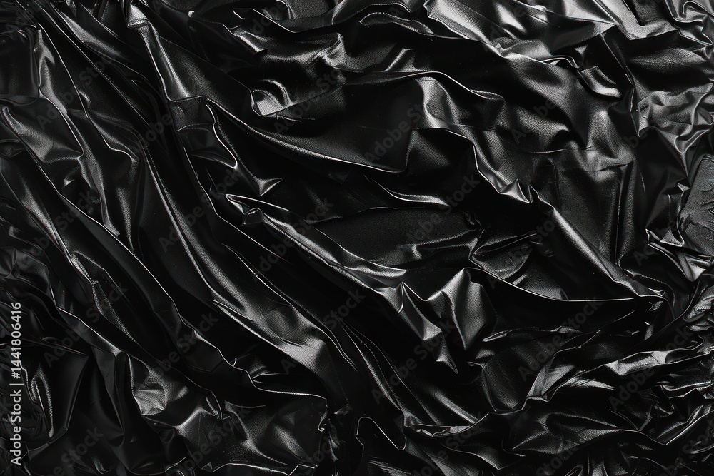 Poster close-up of shiny black wrinkled material with smooth and textured creases creating abstract pattern