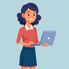 woman standing with laptop vector