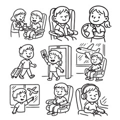 Hand Drawn Kids Airport and Airplane Travel Icon Set Black and White