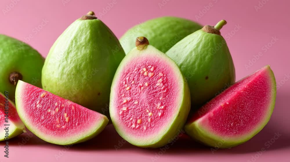 Poster bunch of green guavas with one of them cut open. the other guavas are whole and unopened