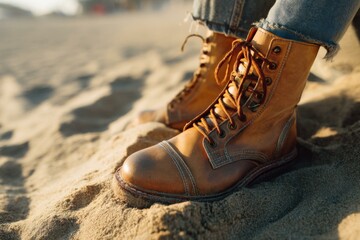 Ankle boots in sandy terrain, demonstrating style and ruggedness, emphasizing adventure and the outdoors, close-up of leather footwear.
