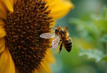 Honeybee in Flight Near Vibrant Sunflower: A Nature Close-Up