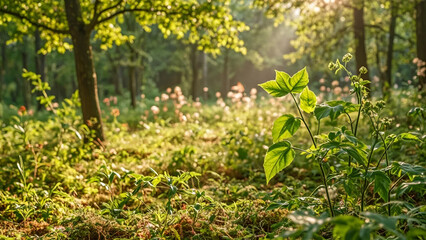 Sunlit forest floor thrives with life