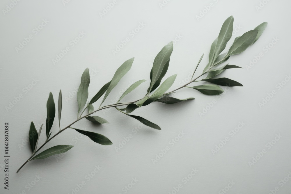 Poster a close up shot of a single olive branch with leaves on a white background in a studio setting