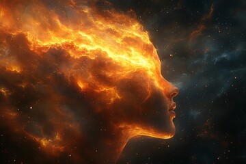 Fiery celestial profile of a woman's head in outer space.