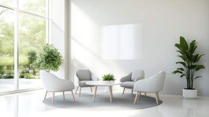 Fototapeta premium Modern lobby seating area with grey armchairs, a round coffee table, and a blank mockup frame on a white wall.