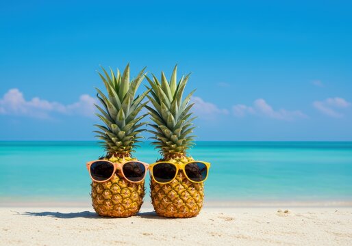 Two pineapples wearing sunglasses on a sandy beach with ocean background