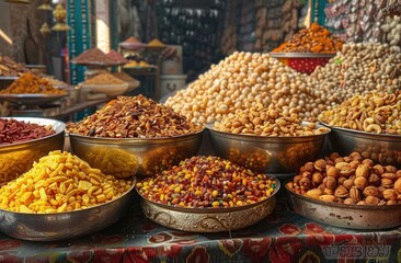 Fototapeta premium Colorful market stall with various bowls filled with dried nuts, seeds, and snacks displayed closely together creating a vibrant and textured scene indoors