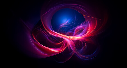 Abstract artwork featuring swirling, luminous red and purple energy encompassing a vibrant blue sphere.  The dark background enhances the glowing effect.