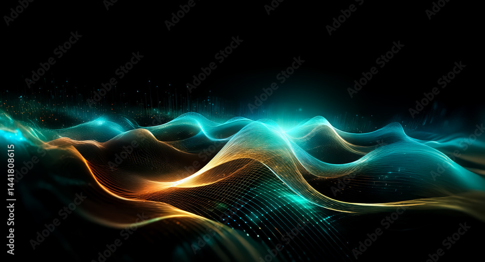 Aufkleber abstract image of flowing, luminous teal and amber waves on a black background. the waves ripple and