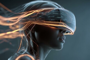 Obraz premium Woman Wearing VR Headset with Flowing Digital Energy for Futuristic Technology Concept