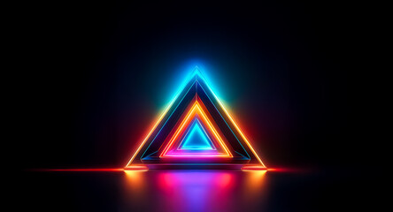 Vibrant neon triangles, layered and glowing, cast colorful reflections on a dark, reflective surface.  A captivating display of light and geometry.