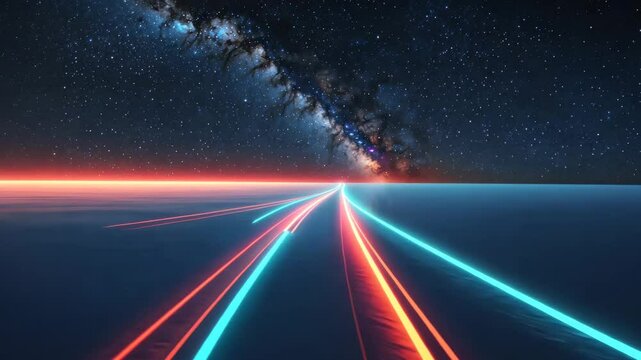 Sci-Fi Light Trails Across Futuristic Highway under Starry Galaxy Night Sky