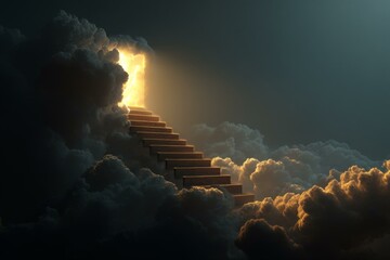 Fototapeta premium Stairway to celestial light amidst a surreal cloudscape, symbolising ascension and the journey towards the divine or the unknown.