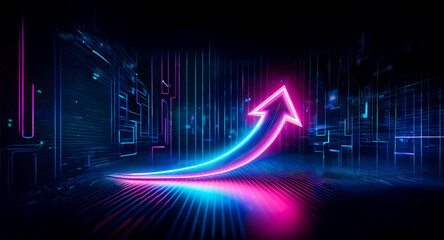 A vibrant, upward-trending neon arrow glows against a dark, futuristic cityscape backdrop.  The arrow's luminescence reflects on the ground, creating a dynamic, energetic scene.