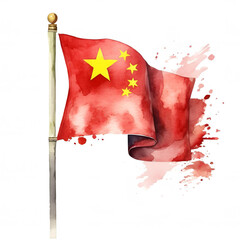 Flag of People's Republic of China waving in the wind. State symbol illustrated in watercolor style.