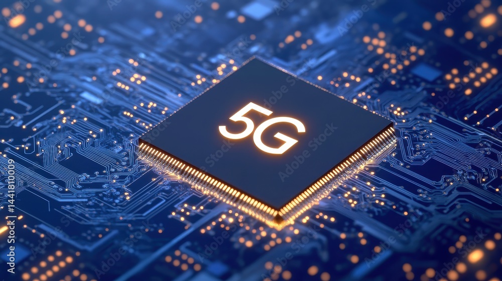 Poster high-tech 5g chip embedded in circuit board.