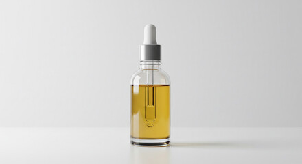 Realistic Glass Bottle Holds Golden Liquid with Dropper on White Background Studio Shot